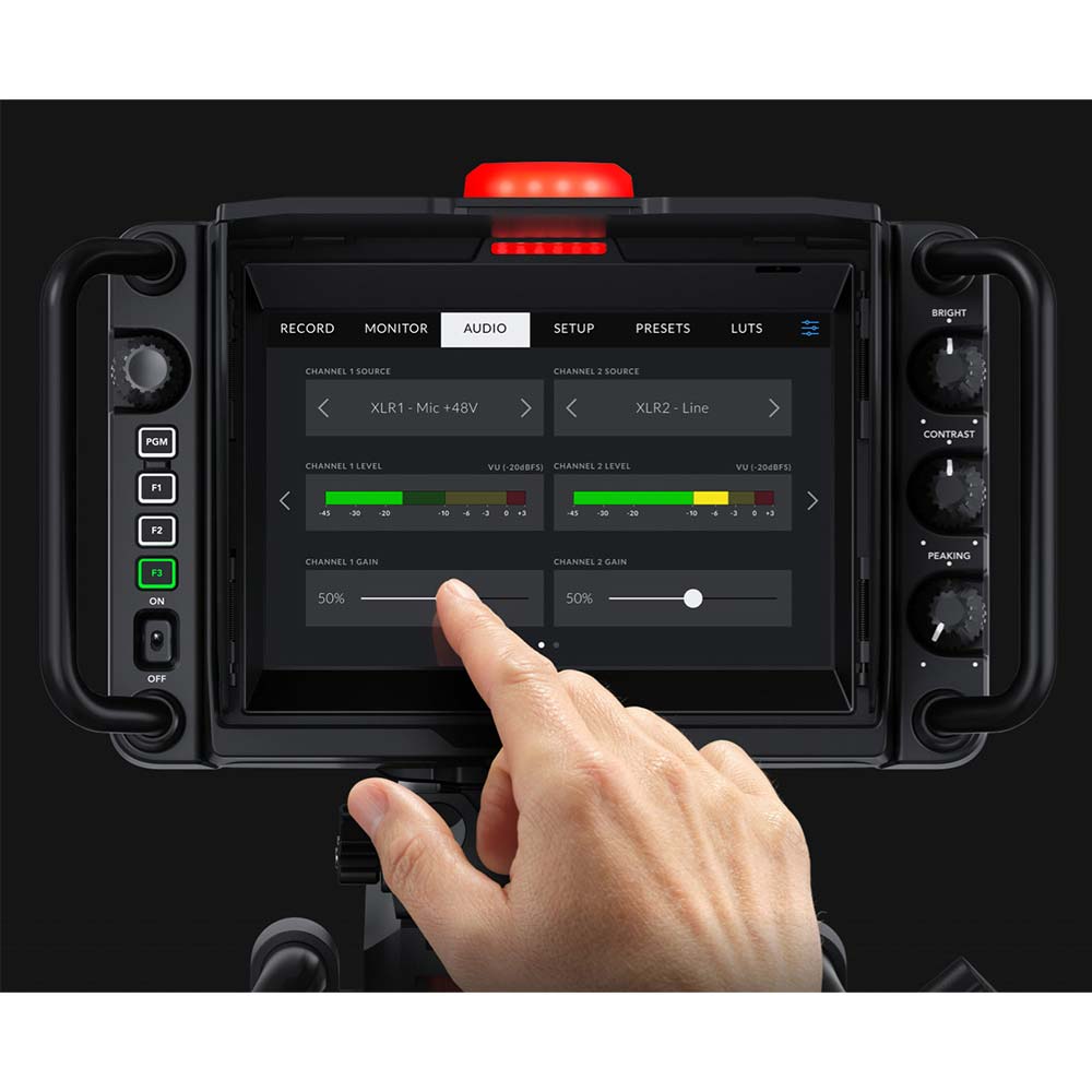 Seven-inch touchscreen controls on a Blackmagic Studio Camera 4K Pro