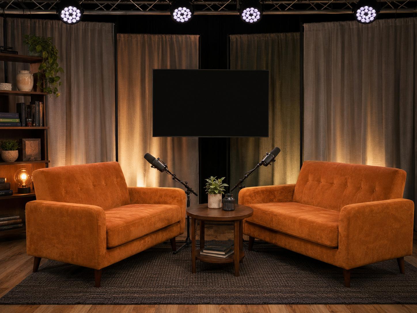 Orange sofa podcast set with microphones, studio lighting and a presentation screen at Podcast Studio Leicester