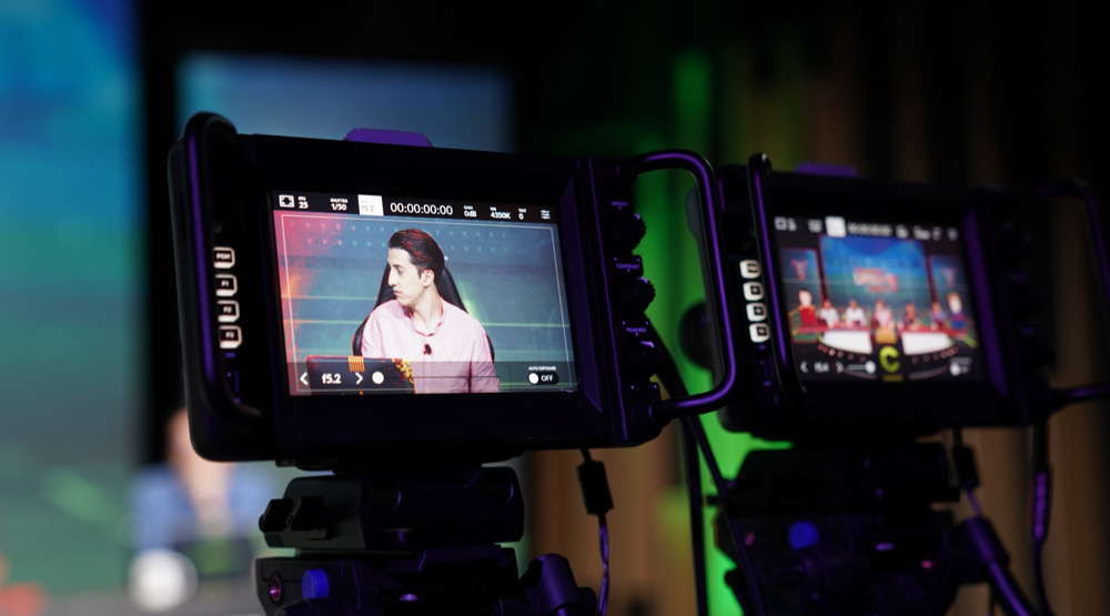Blackmagic studio cameras capturing a presenter at Podcast Studio Leicester