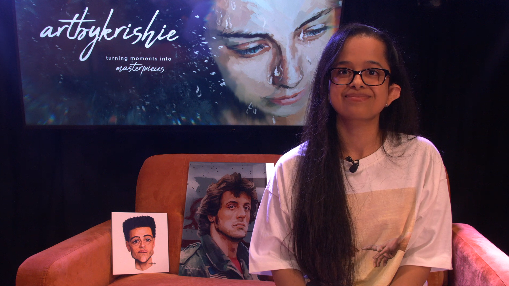 Art by Krishie presenting her artwork during a recording at Podcast Studio Leicester