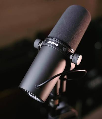 Close-up of a Shure SM7B dynamic broadcast microphone